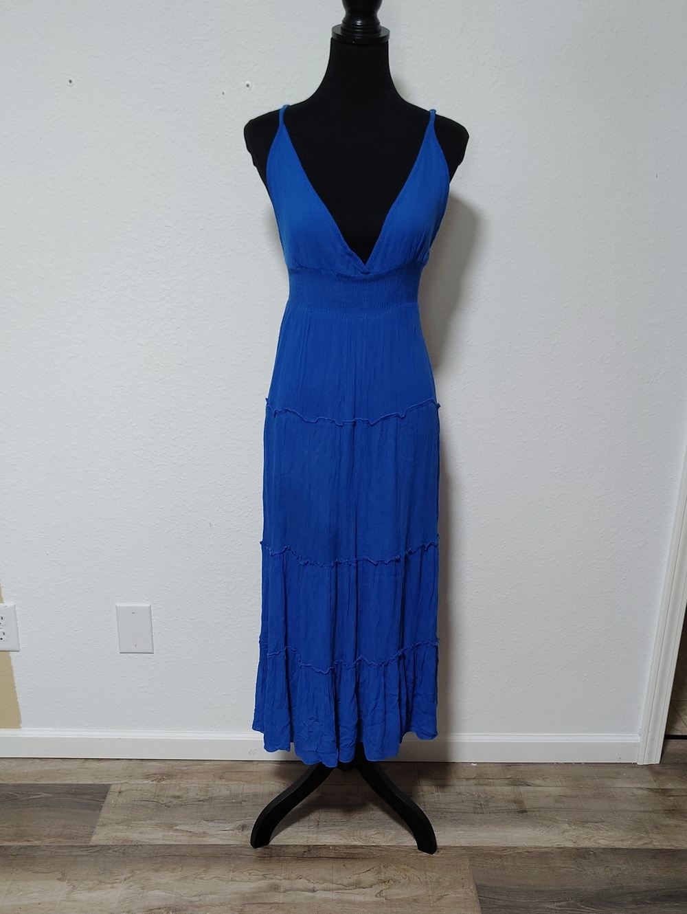 Boho Me Halter Babydoll Tiered Maxi Dress Size M Beachy Bohemian Cobalt Blue - Picture 3 of 15